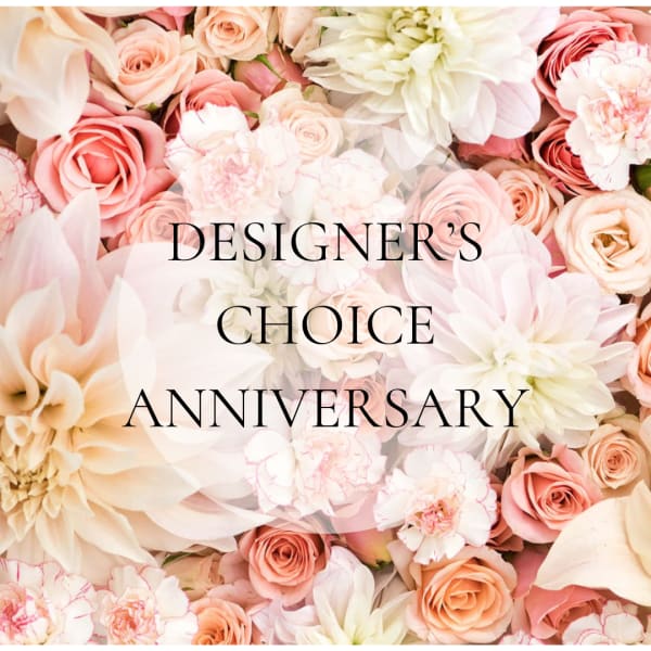 Pink and white flowers with the words Designer's Choice Anniversary