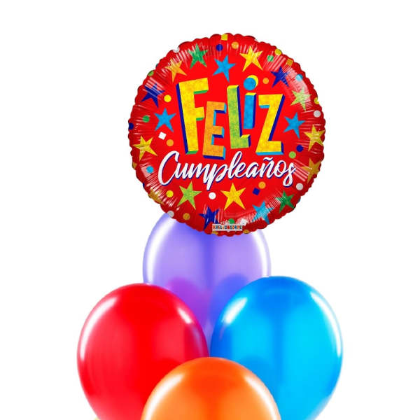 Birthday balloon bouquet with a red "Feliz Cumpleaños" foil balloon
