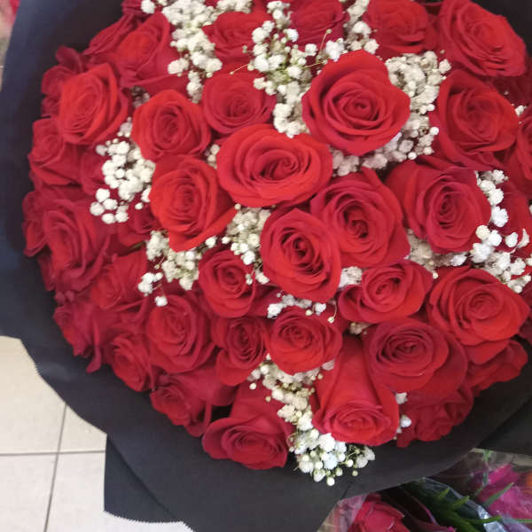 Bouquet of red roses with white baby's breath wrapped in black paper