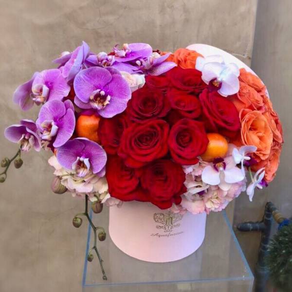 Round box arrangement of red roses, purple orchids, and peach roses