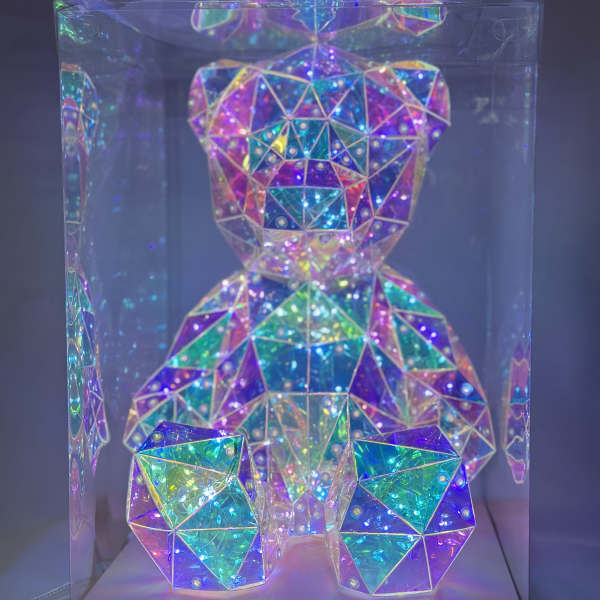 Iridescent geometric teddy bear figurine in a clear display box