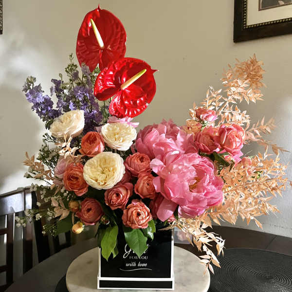 Red Anthurium And Pink Peony Box Design