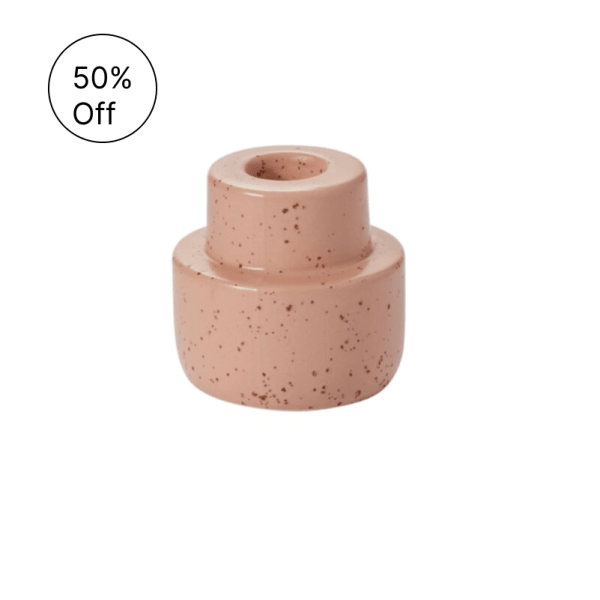 Small speckled peach ceramic bud vase with a stepped cylindrical shape