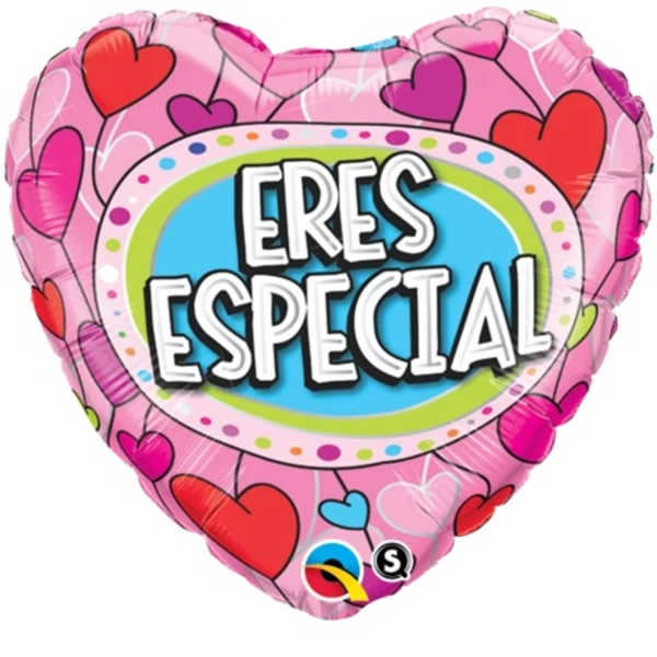 Pink heart-shaped balloon with "Eres Especial" text