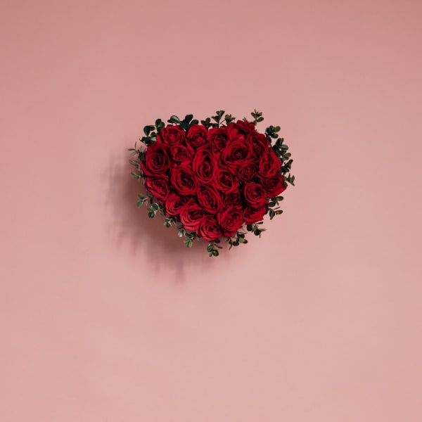 Heart-shaped bouquet of red roses with greenery on a pink background