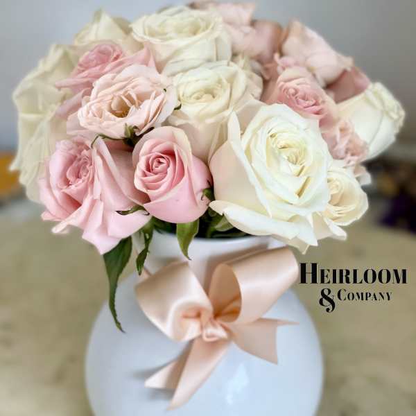 Pink and white roses in a round white vase with a blush ribbon