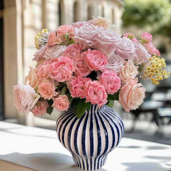 Pink rose bouquet in a blue-and-white striped vase