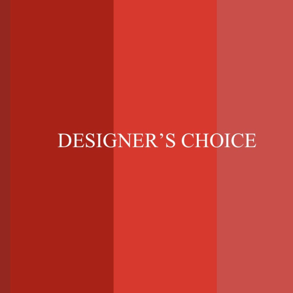 Red designer's choice graphic with centered white text
