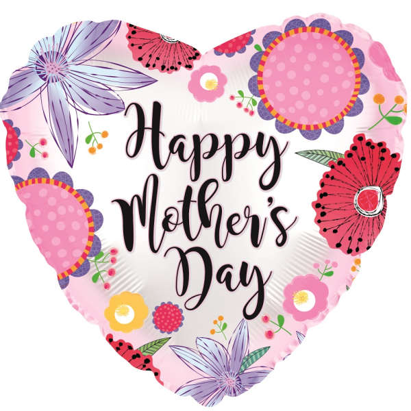 Heart-shaped balloon reading Happy Mother's Day with floral graphics