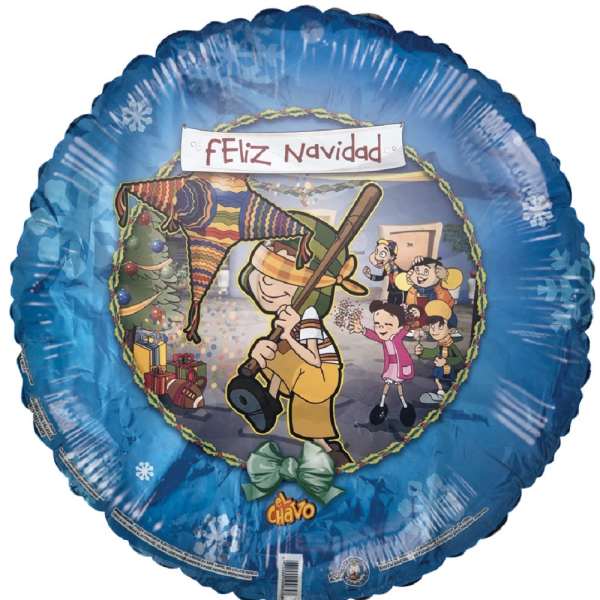 Round blue Christmas balloon with cartoon characters and "Feliz Navidad" text