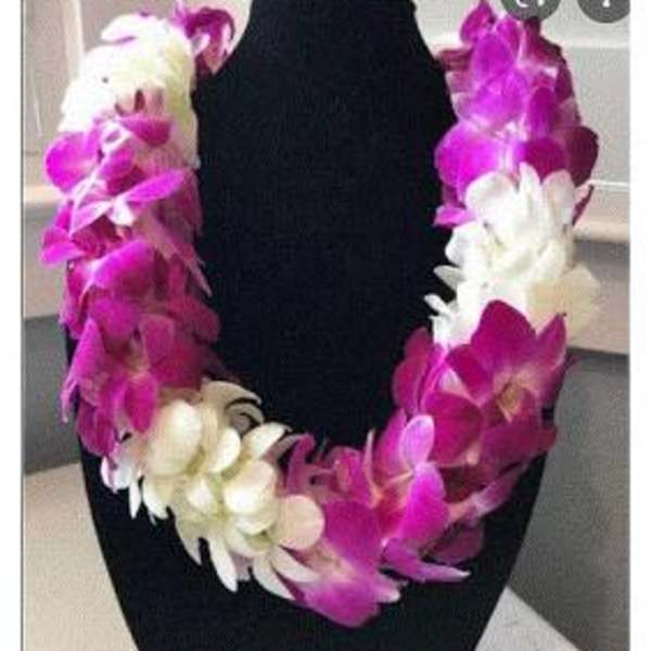 Purple and white orchid lei on a black display bust