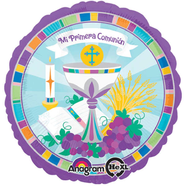 Round communion balloon with chalice, candle, and grapes