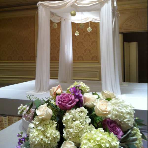 Purple and cream rose arrangement in front of a white draped canopy