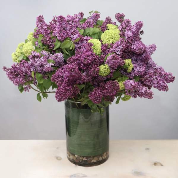 Purple lilac arrangement in a tall glass vase with green accents