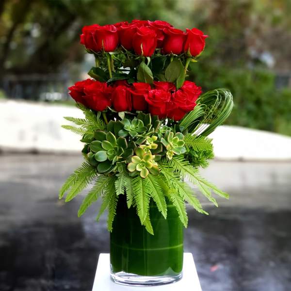 Red roses arranged in a tall glass vase with succulents and fern-like foliage