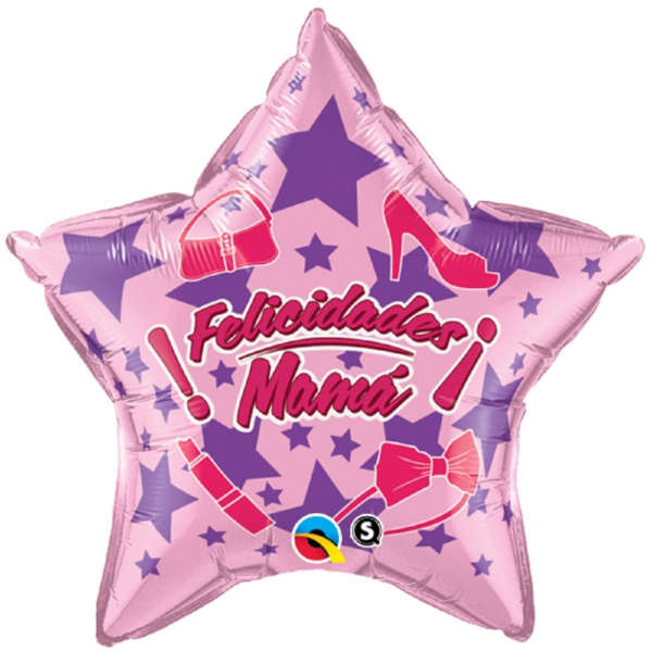 Pink star-shaped balloon with "Felicidades Mama" text