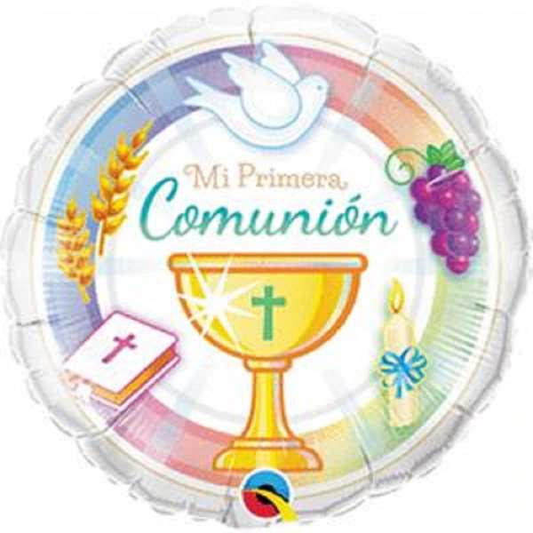 Round balloon with a First Communion design and religious symbols