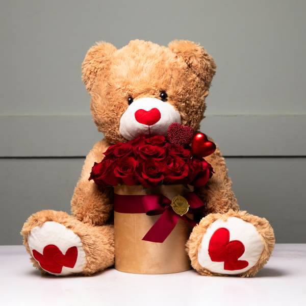Teddy bear holding a box of red roses with heart decorations