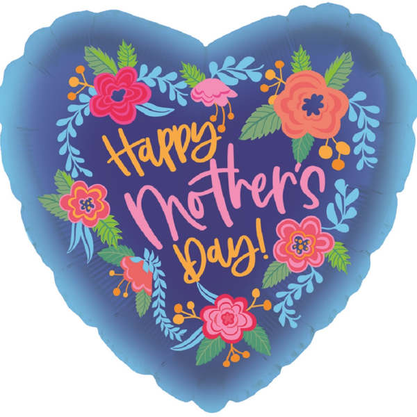 Heart-shaped balloon with "Happy Mother's Day" and floral decorations