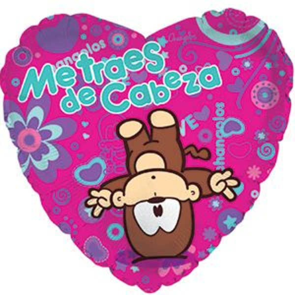 Heart-shaped pink balloon with a cartoon monkey and Spanish text