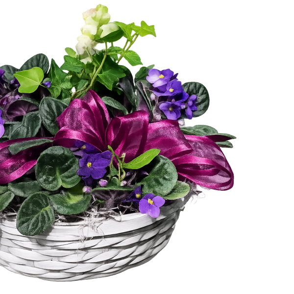 Purple flowers in a white woven basket with a magenta ribbon