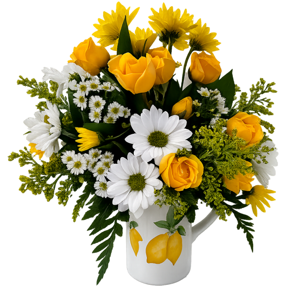 Yellow roses and white daisies in a white pitcher vase