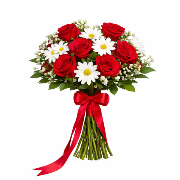 Bouquet of red roses and white daisies tied with a red ribbon