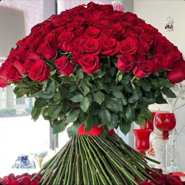 Large bouquet of red roses with long stems and green leaves