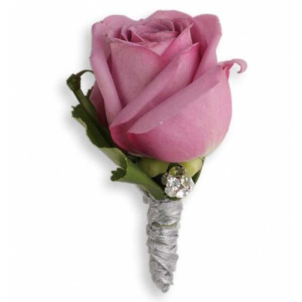Pink rose boutonniere with silver-wrapped stem and rhinestone accent