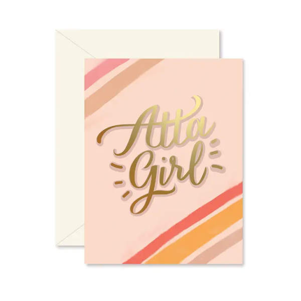 Pink greeting card reading "Atta Girl" with an envelope behind it