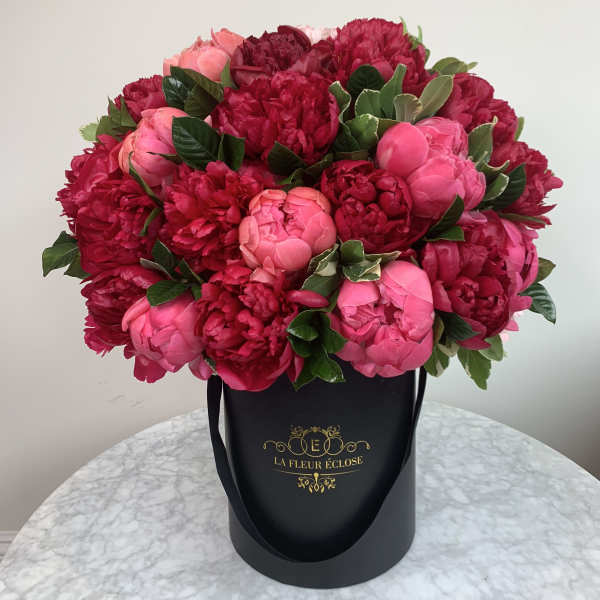 Pink and red peonies arranged in a black hatbox