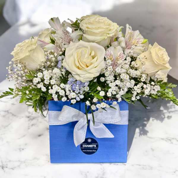 Cream roses and small white filler flowers in a blue gift box with a white ribbon