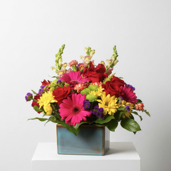 Colorful mixed bouquet in a square ceramic vase