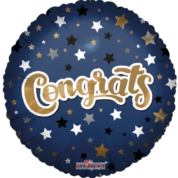 Round blue balloon with gold "Congrats" text and star pattern