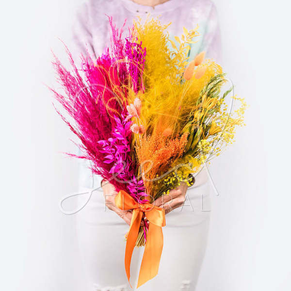 Bright multicolor bouquet with an orange ribbon