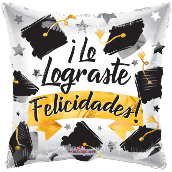 Decorative balloon with "¡Felicidades!" text and graduation cap graphics