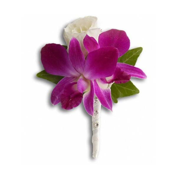 Purple orchid boutonniere with white rose and green leaves