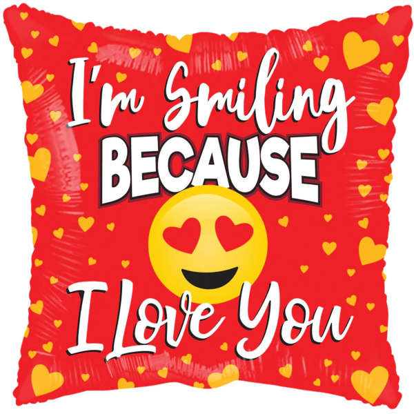 Red heart-patterned balloon with "I'm Smiling Because I Love You" text