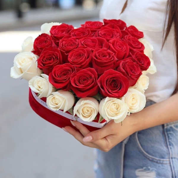 Heart-shaped box of red and white roses