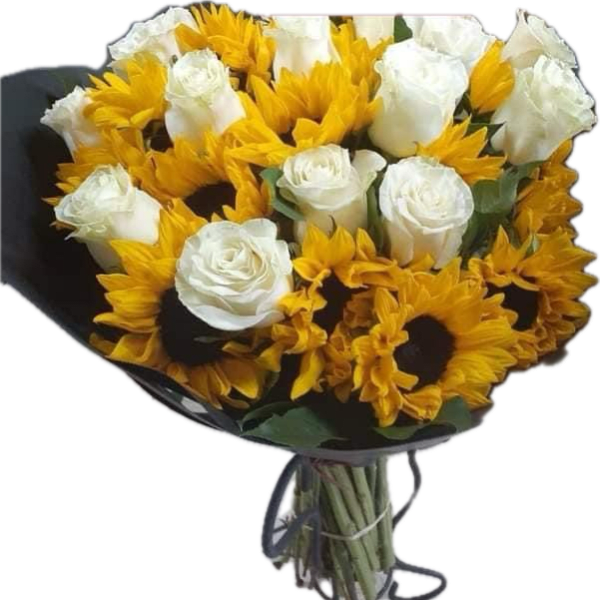 Bouquet of white roses and yellow sunflowers wrapped in dark paper