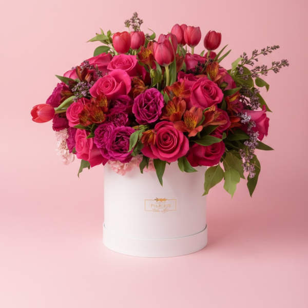 Pink roses and tulips arranged in a white hat box