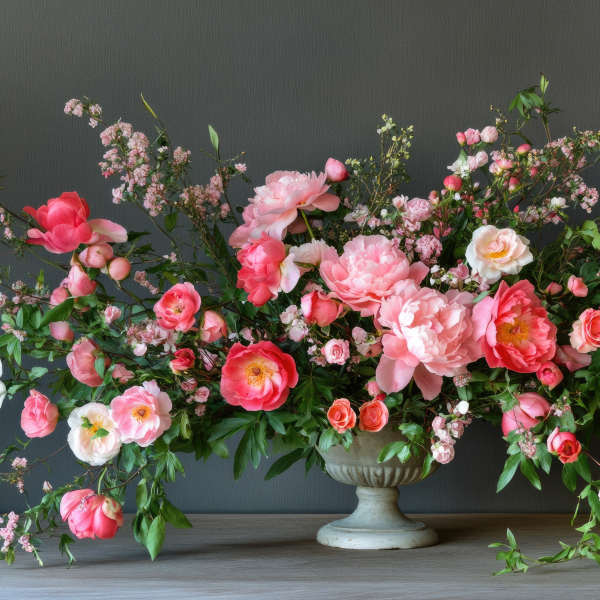 Large pink floral arrangement in a pedestal vase