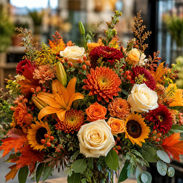 Autumn bouquet of orange, red, and white flowers in a glass vase