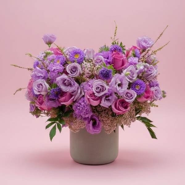 Purple and pink flower arrangement in a gray vase