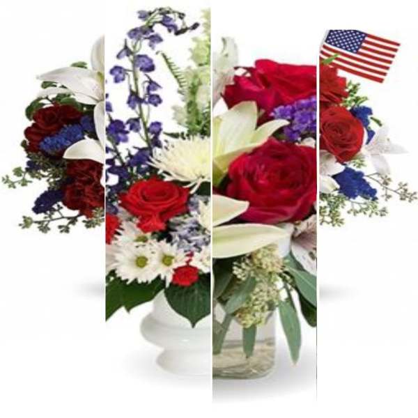 Mixed red, white, and blue floral arrangements with an American flag