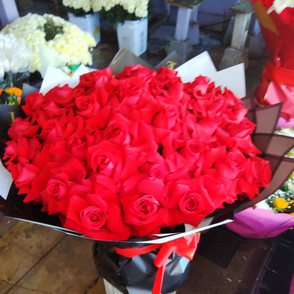 Large bouquet of red roses wrapped in black paper with a red ribbon