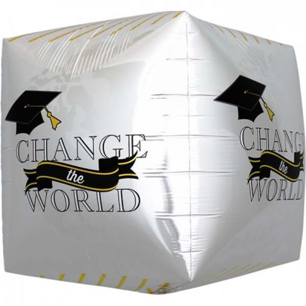 White graduation balloon with "Change the World" text