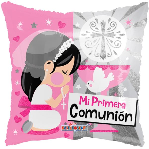 Pink and silver first communion balloon with a girl illustration