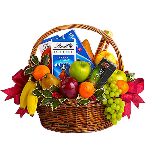 Fruit and chocolate gift basket with a red ribbon