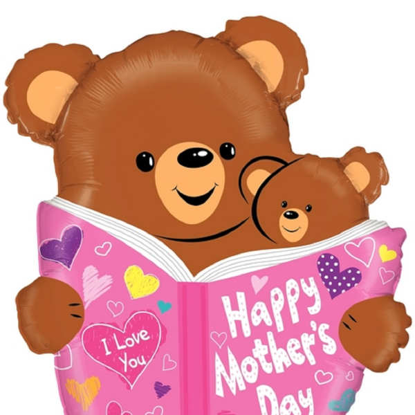 Bear-shaped Mother's Day balloon holding a pink book with hearts